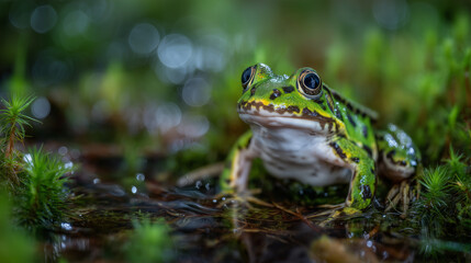 Obraz premium High-resolution close-up of bright green and yellow frog on wet moss, water reflections on its smooth skin, dramatic macro nature photography lighting
