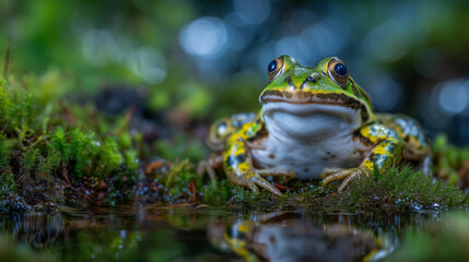 Obraz premium High-resolution close-up of bright green and yellow frog on wet moss, water reflections on its smooth skin, dramatic macro nature photography lighting