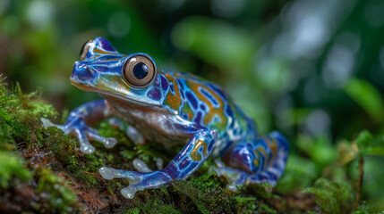 Obraz premium Close-up of a brightly colored rainforest frog with intricate patterns on its back, high-resolution detail on eyes and skin texture, nature stock image quality