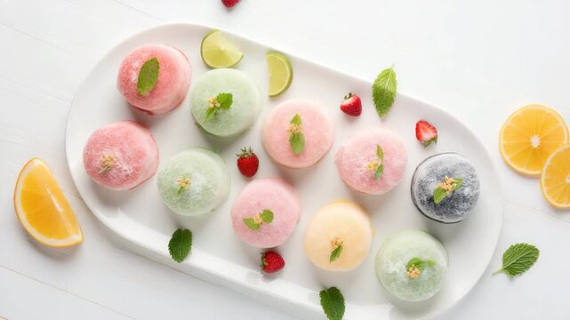 Colorful assorted sorbets served on a white platter with fresh fruits and mint leaves in a bright setting