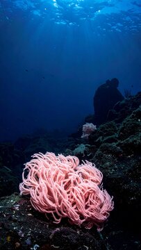 Vibrant Pink Soft Coral Cluster Illuminated by Sunbeams in Deep Tropical Ocean Reef