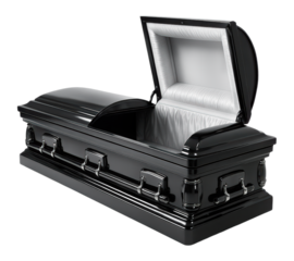 Elegant open black casket with a glossy finish and white satin interior, Isolated on Transparent and White Background