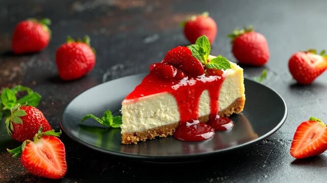 A delicious slice of classic cheesecake topped with strawberry sauce, fresh berries, and mint on a black plate.