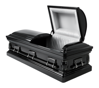 Elegant open black casket with a glossy finish and white satin interior, Isolated on Transparent and White Background