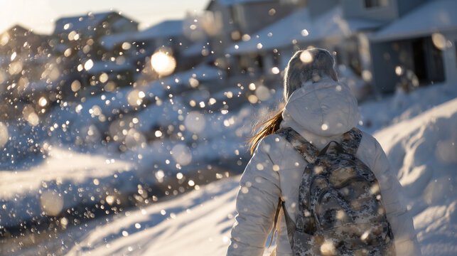 Schoolchild in padded jacket walking toward school through snow-laden neighborhood, sunlight creating sparkling reflections on snowflakes and ice