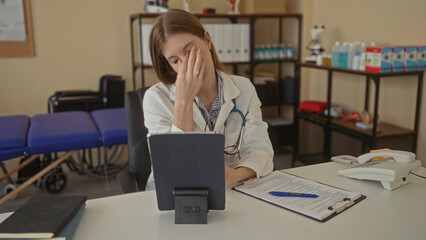 Woman doctor wearing stethoscope adjusts glasses at a white desk in clinic while reviewing patient...