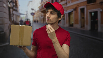 Man holding cardboard box with one hand while making pinched fingers gesture near chin on street;...