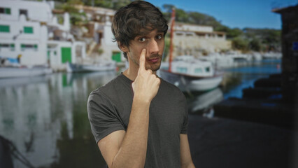 Young man in grey t-shirt points finger to cheek at sunlit docked boats in port harbor;...