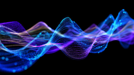 Abstract frequency waveform with gradient hues from blue to violet, dynamic flowing lines, soft neon glow reflecting on digital grid background