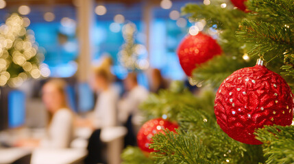 Close-up of Christmas tree branches with detailed ornaments, office staff working at computers in the background, subtle holiday sparkle and professional environment