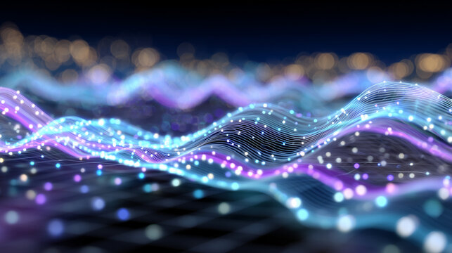 Abstract frequency waveform with gradient hues from blue to violet, dynamic flowing lines, soft neon glow reflecting on digital grid background