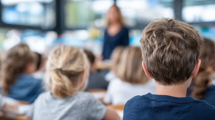Elementary school classroom scene, group of children sitting at desks listening attentively to teacher at front, view from behind students, bright natural light streaming through w