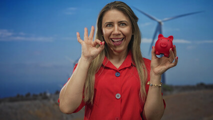 Woman holds red piggybank and makes ok gesture by windmill building; optimism wealth prosperity...