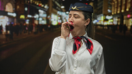 Blonde middle aged woman wearing air hostess uniform yawns with hand to mouth on neon lit city street at night; fatigue.