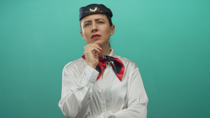 Woman in airline uniform and scarf adjusting chin with hand in a teal studio; doubt pondering concern thinking.