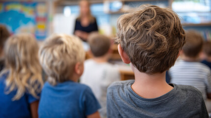 Group of kids in elementary school classroom, seated and paying attention to teacher, colorful wall decorations, view from behind students highlighting classroom engagement