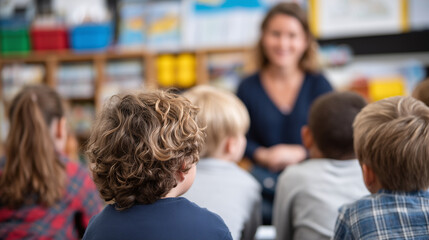 Elementary school kids seated, listening to teacher explaining on board, view over their shoulders, colorful classroom supplies and cheerful learning environment