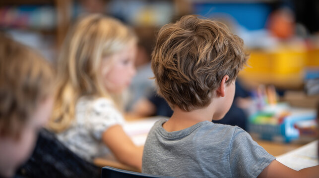 Children in elementary classroom, desks and chairs arranged neatly, back view of kids focusing on teacher, learning materials and colorful walls in background - Powered by Adobe