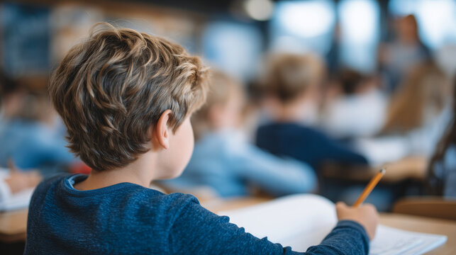 Back view of children listening to teacher, desks with open notebooks and pencils, classroom filled with natural light, learning-focused atmosphere - Powered by Adobe