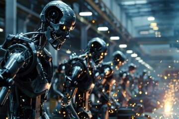 Fototapeta premium Robot army assembling in futuristic factory with sparks