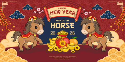 Happy Chinese New Year 2026 With Cute Horse, Year Of The Horse On Banner Design, Vector Cartoon Illustration