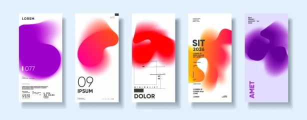 Fototapete Superhelden A set of five modern abstract posters featuring vibrant gradient shapes in purple, red, and orange hues. Each design incorporates minimalist typography and geometric elements   © Molibdenis-Studio