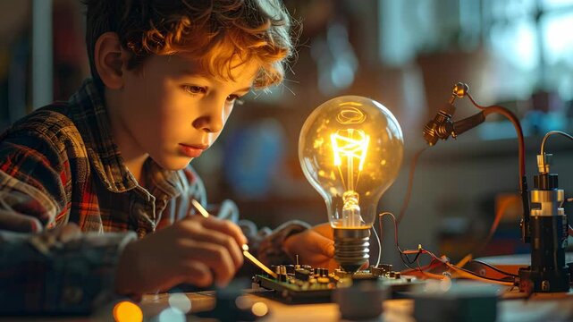 A focused young boy inventor works on an electronic circuit board, illuminated by a large glowing light bulb.
