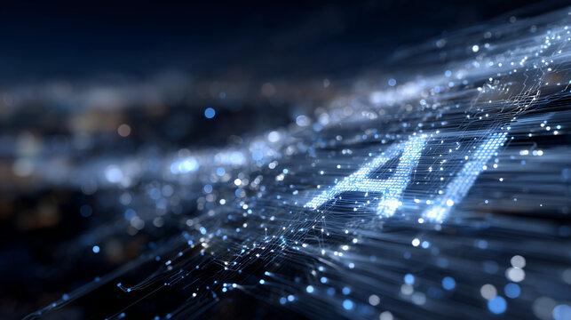 Floating futuristic 3D glass AI text, glowing molecular structures and subtle light trails, clean light blue and silver color design, high-tech digital background