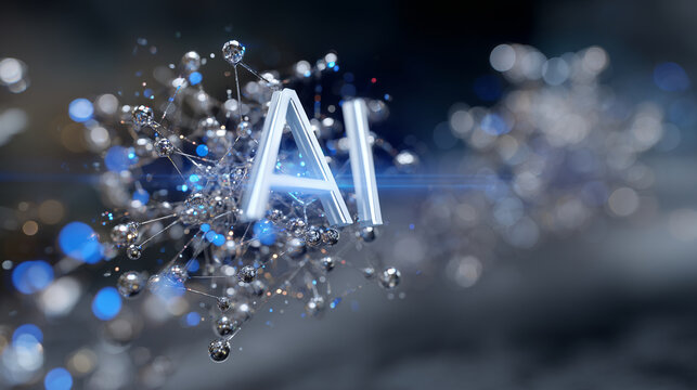 AI text in 3D glass with luminous molecular spheres orbiting, light blue and silver gradient glow, minimalistic futuristic composition