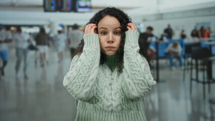 Woman in airport terminal appeared surprised wearing a green sweater with curly hair, hispanic heritage, indoor setting bustling with travelers.