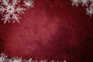 Elegant dark red textured background with delicate white snowflakes adorning the corners for a festive winter holiday design