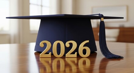 Graduation cap and 2026 numerals on a table, representing the class of 2026 and academic achievement