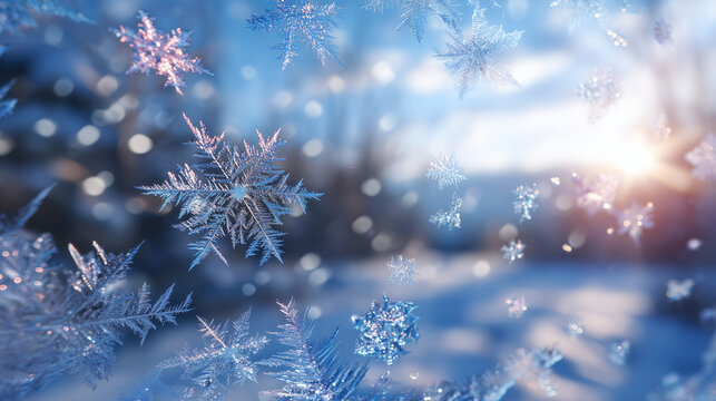 Close-up of window glass covered with frosty patterns and snowflakes, sunlight highlighting icy details, serene winter sky in soft focus