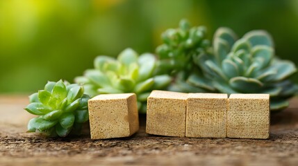 Wooden blocks stacked beside a green succulent plant on wooden surface with soft natural background. Concept: Balance, growth, sustainability, mindfulness, harmony between nature and structure.