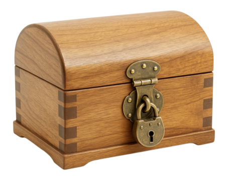 A small wooden treasure chest with a curved lid, dovetail joints, and a vintage brass lock and hasp, Isolated on Transparent and White Background