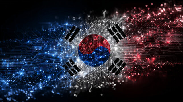 South Korean flag with digital circuit overlay, glowing Taeguk and black trigrams, futuristic tech-inspired wallpaper style
