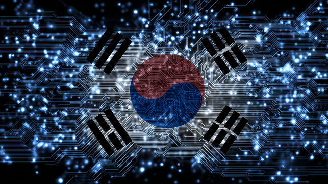 South Korean flag with digital circuit overlay, glowing Taeguk and black trigrams, futuristic tech-inspired wallpaper style