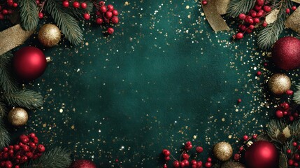 Festive christmas border with red ornaments pine branches berries and golden accents on a dark green background