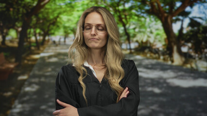 Woman in judge uniform stands confidently in outdoor park setting with green trees and pathway...