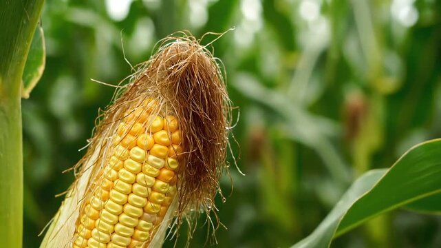 Closeup of a Ripe Corn Cob Growing in a Field with Green Stalks and Leaves.