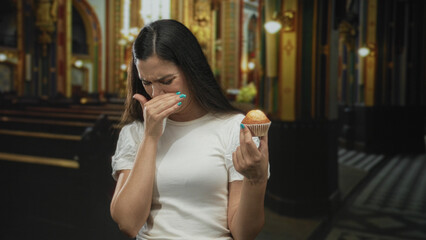 Young hispanic woman holds muffin and covers mouth in catholic church interior; disgust aversion...