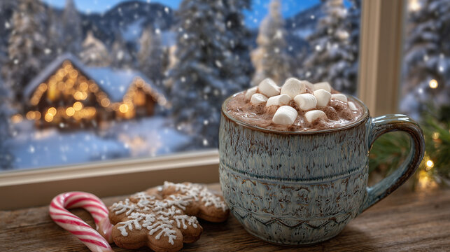 Rustic ceramic mug brimming with creamy hot cocoa topped with melting marshmallows, placed beside a frosted window overlooking snowy pine trees, candy canes and gingerbread cookies