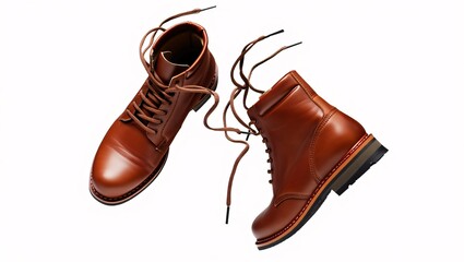 Stylish brown leather lace up ankle boots for men and women on a white background