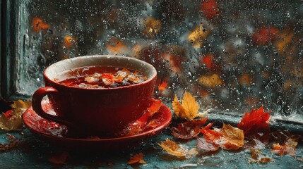 The dance of leaves and the comfort of a hot mug. Unusual perspectives. Red mug with a cozy brew framed by soft rainfall and leaves. Provocative poses. Artistic distortion.