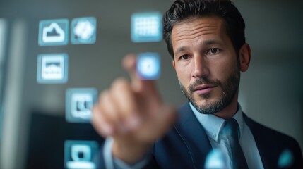 Businessman Engaging with Virtual Interface: Modern Technology and Innovation in the Digital Era