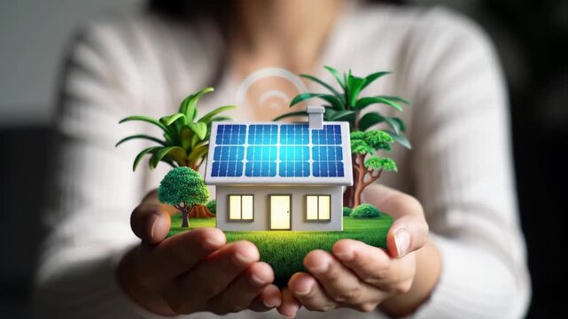 Woman Holding Mini House with Installed Photovoltaic Solar Panels and Green Roof Absorbing Renewable Solar Energy, Eco Friendly Living, Environmental Sustainability Concept