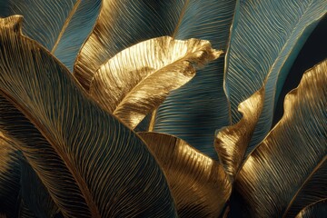 Cinematic bronze banana leaves with dark gold and black background