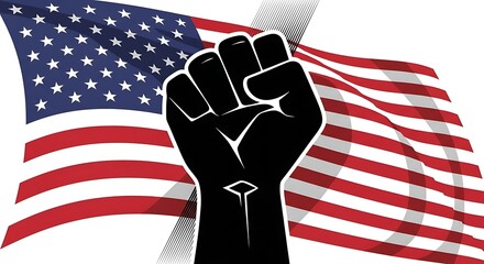 Raised fist symbolizing black power against american flag