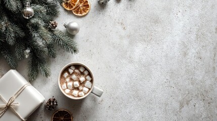 Cozy christmas flat lay with hot chocolate gift box and evergreen branches on textured gray background