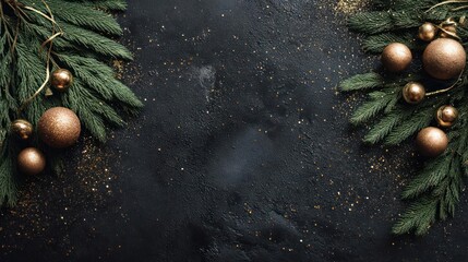 Festive christmas fir branches adorned with golden baubles on a dark textured background for holiday decoration